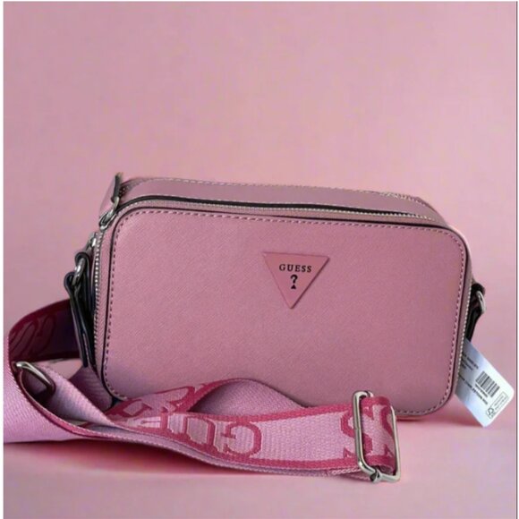 Guess Charlestown Camera Bag Pink Small Crossbody Double Zip Guitar Strap Purse - Picture 1 of 11